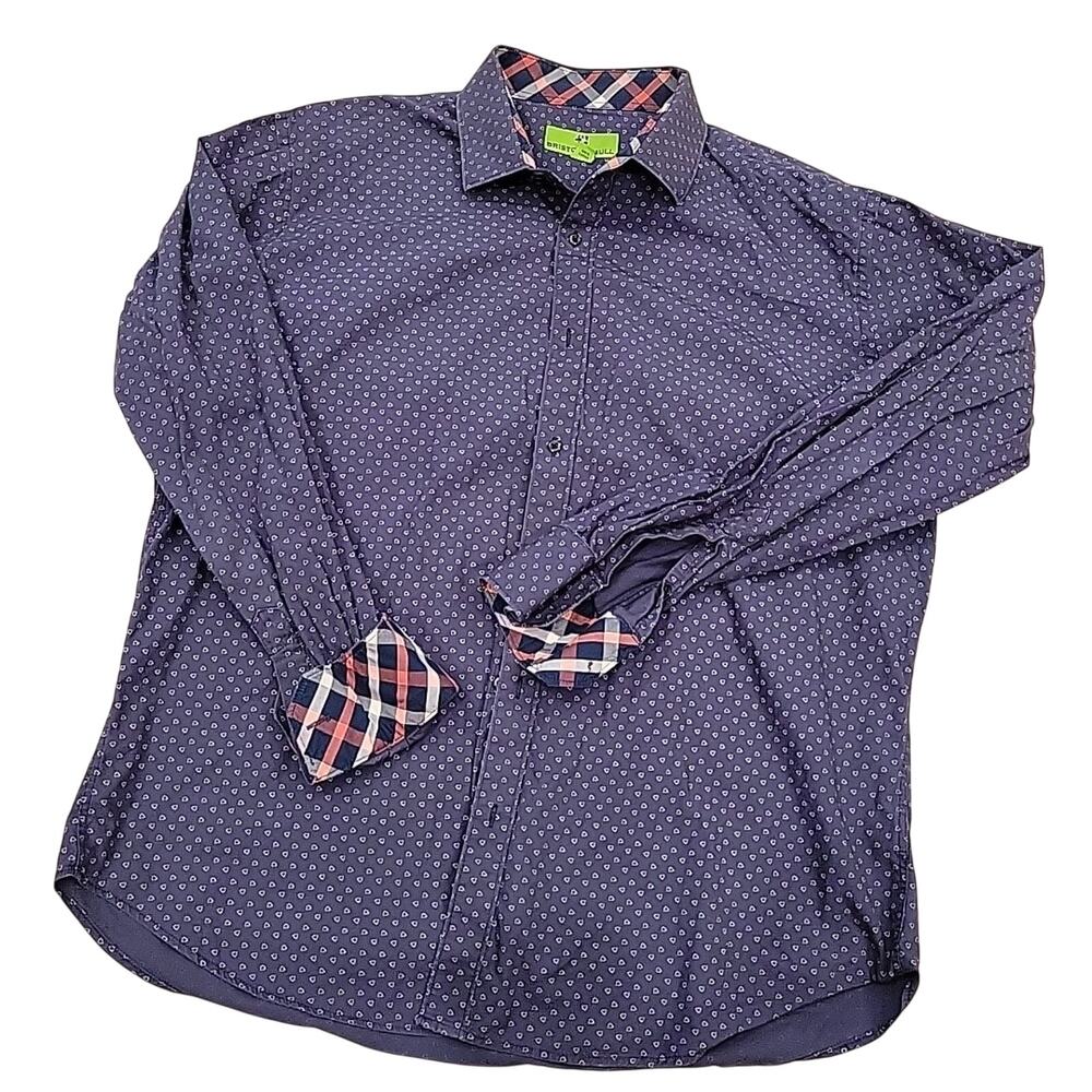 Bristol & Bull Mens Shirt 17/17.5 Button Navy Blue LS Button Down Contrast Cuff